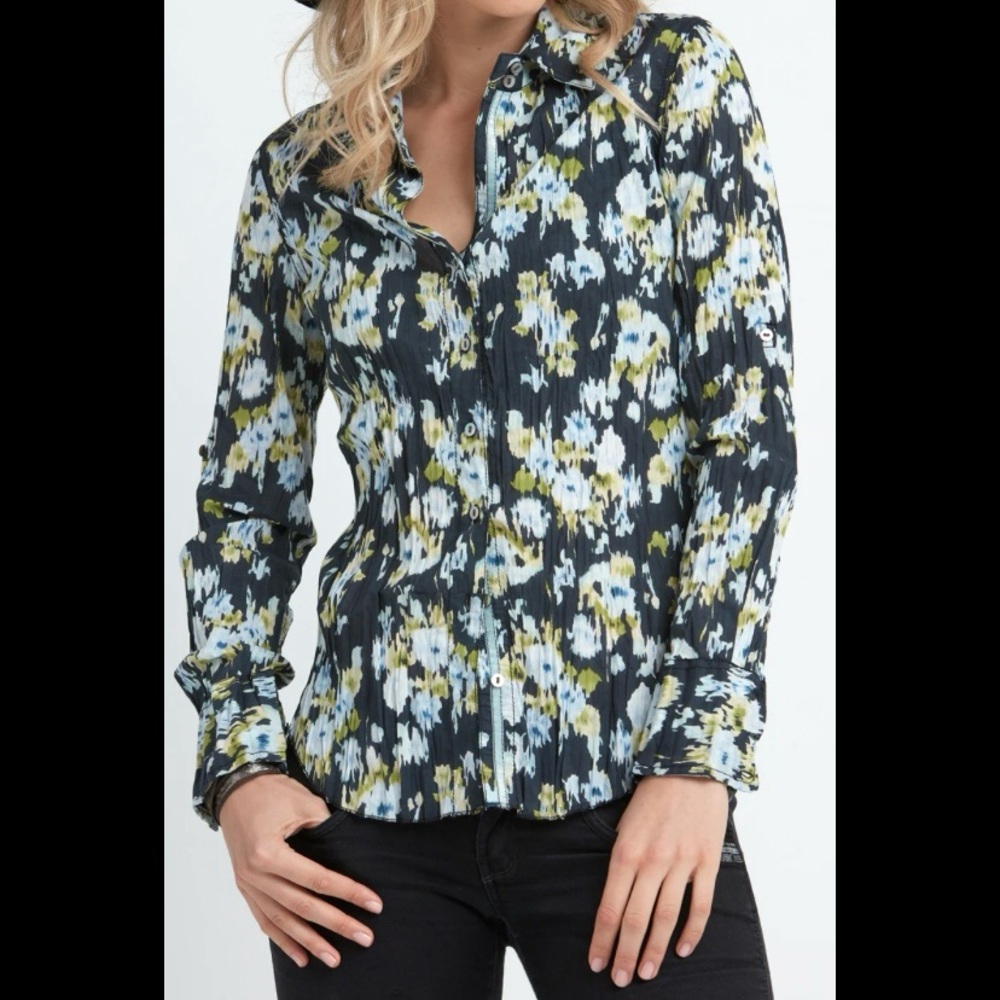 Cino Cote ‘D Azure Button Down Sz M Navy Blue Crinkle Boho Resortwear Watercolor
